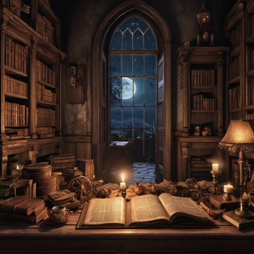 magic book,apothecary,dark cabinetry,candlemaker,witch's house,bookshelves,study room,divination,bookshop,magic grimoire,reading room,book antique,music chest,old library,moonlit night,the books,writing desk,celsus library,fantasy picture,bookcase,Photography,General,Realistic