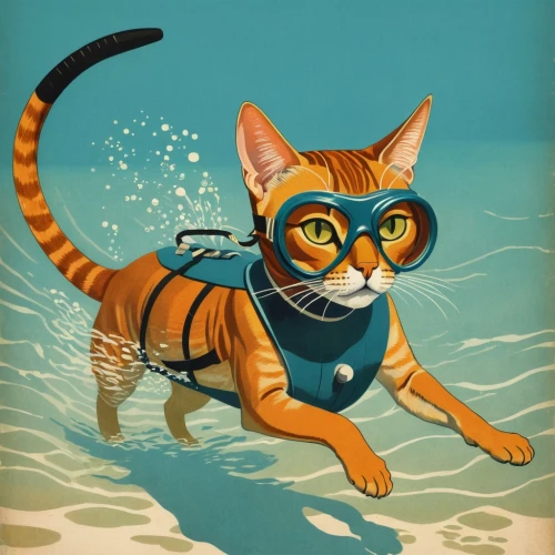 cat-ketch,vintage cat,swimmer,toyger,vintage illustration,swimming goggles,scuba,cat on a blue background,tiger cat,lifejacket,retro 1950's clip art,snorkeling,surfer,vintage cats,waterskiing,cartoon cat,female swimmer,water sports,cat vector,lifeguard,Illustration,Retro,Retro 15