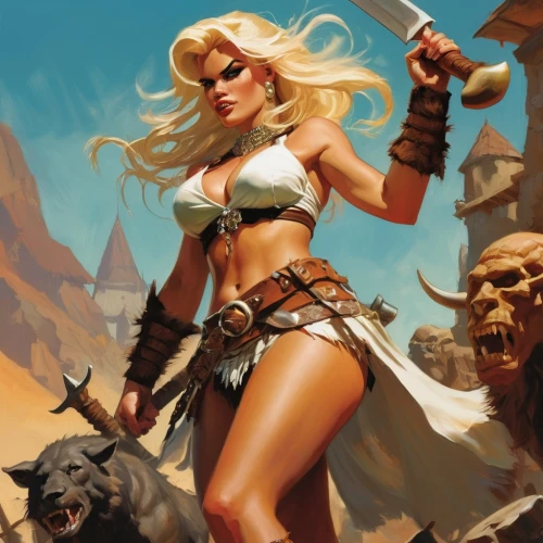 female warrior,massively multiplayer online role-playing game,heroic fantasy,barbarian,fantasy woman,warrior woman,fantasy warrior,sorceress,guards of the canyon,hard woman,fantasy art,raider,blonde woman,huntress,dark elf,game illustration,swordswoman,warrior and orc,tiber riven,wind warrior,Conceptual Art,Oil color,Oil Color 04
