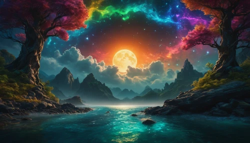 fantasy landscape,fantasy picture,rainbow background,rainbow clouds,colorful tree of life,psychedelic art,3d fantasy,acid lake,aura,psychedelic,colorful light,alien world,rainbow bridge,fantasy art,rainbow colors,dream world,color fields,alien planet,rainbow world map,fairy world,Photography,General,Fantasy