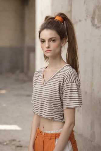 young model istanbul,teen,girl in t-shirt,girl in a historic way,concrete background,clove,orange color,orange,girl walking away,pigtail,orla,worried girl,orange half,female model,young woman,crop top,bright orange,girl in a long,striped background,cotton top