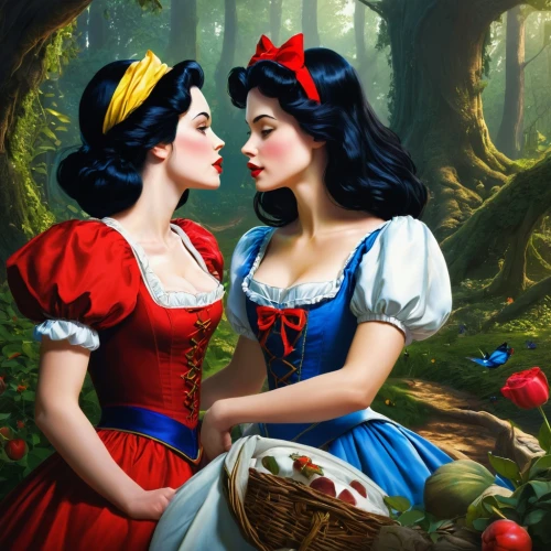 snow white,fairy tale,fairy tales,a fairy tale,forbidden love,fairytales,alice in wonderland,fairytale characters,children's fairy tale,fairytale,fantasy picture,girl kiss,two girls,courtship,princesses,wonderland,queen of hearts,fairy tale character,romantic portrait,amorous,Conceptual Art,Fantasy,Fantasy 16