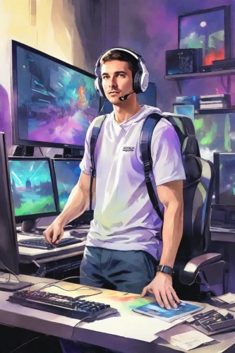 dj,twitch icon,game illustration,twitch logo,man with a computer,gamer,lan,twitch,gamer zone,world digital painting,e-sports,headset,streamer,gamers round,pc,the community manager,pubg mascot,fan art,stream,fortnite,Digital Art,Watercolor