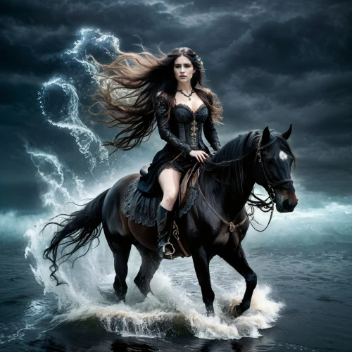black horse,the zodiac sign pisces,fantasy picture,fantasy woman,horseback,celtic queen,equestrianism,fantasy art,queen of the night,the enchantress,greek mythology,equestrian,celtic woman,horse herder,mythological,horseman,the sea maid,sorceress,heroic fantasy,warrior woman