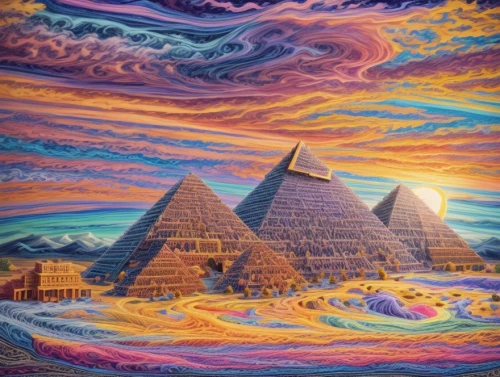 pyramids,step pyramid,the great pyramid of giza,giza,ancient civilization,psychedelic art,eastern pyramid,pyramid,maya civilization,ancient egypt,khufu,ancient art,the ancient world,tapestry,fractals art,egyptology,sacred art,kharut pyramid,stone pyramid,ancient