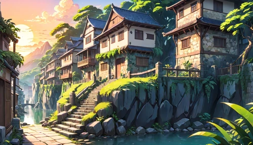 honolulu,tsukemono,meteora,kyoto,ancient city,ryokan,studio ghibli,apartment complex,seaside resort,aurora village,knight village,resort town,house by the water,sanya,fishing village,riverside,oasis,escher village,mountain settlement,wooden houses,Anime,Anime,Traditional