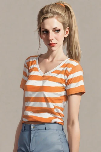 retro girl,fashion vector,3d model,polo shirt,girl in t-shirt,retro woman,portrait background,girl in overalls,striped background,cotton top,crop top,female model,tee,model years 1958 to 1967,retro styled,clementine,orange,vintage girl,poppy,jeans background,Digital Art,Comic