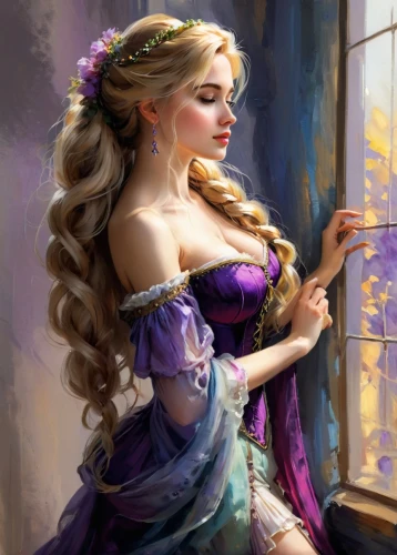 rapunzel,fantasy art,fantasy picture,fairy tale character,fantasy portrait,cinderella,celtic woman,la violetta,romantic portrait,fairy tale,mystical portrait of a girl,fantasy woman,jessamine,fairytale,fairy tales,princess anna,enchanting,fairytales,purple rose,faery,Illustration,Paper based,Paper Based 11