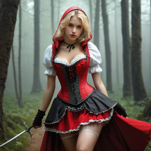 red riding hood,little red riding hood,queen of hearts,black forest,alice in wonderland,alice,fairy tale character,cosplay image,red coat,wonderland,vampire lady,vampire woman,fairy tale,fantasy girl,corset,gothic woman,fairy tales,cosplay,in the forest,gothic fashion,Conceptual Art,Fantasy,Fantasy 11