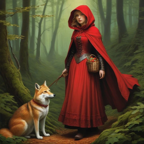 red riding hood,little red riding hood,red coat,girl with dog,red cape,lady in red,companion dog,red tunic,fantasy picture,red dog,fantasy portrait,man in red dress,schipperke,red wolf,the wanderer,fairy tale character,redfox,fantasy art,red gown,shades of red,Conceptual Art,Fantasy,Fantasy 28