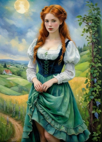 girl in the garden,girl in a long dress,girl picking apples,young woman,rapunzel,fantasy portrait,woman holding pie,woman with ice-cream,romantic portrait,maureen o'hara - female,girl in the kitchen,woman eating apple,young lady,fairy tale character,country dress,cinderella,girl in a long,portrait of a girl,girl with tree,oil painting on canvas,Illustration,Realistic Fantasy,Realistic Fantasy 30