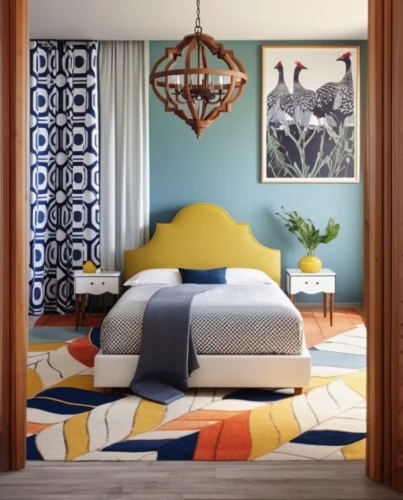 moroccan pattern,guest room,guestroom,geometric style,bedroom,majorelle blue,patterned wood decoration,bed linen,modern decor,airbnb icon,art nouveau design,room divider,gold stucco frame,canopy bed,contemporary decor,boy's room picture,children's bedroom,interior decor,spanish tile,art deco frame,Photography,General,Realistic