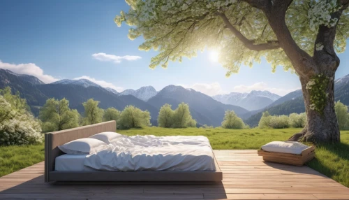 bed in the cornfield,landscape background,home landscape,roof landscape,wooden decking,meadow landscape,berchtesgaden national park,mountain scene,canopy bed,background view nature,salt meadow landscape,canton of glarus,outdoor furniture,idyll,forest background,3d rendering,south tyrol,meadow and forest,landscape designers sydney,sleeping pad,Photography,General,Realistic