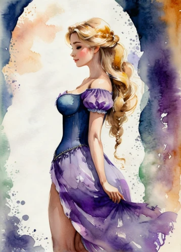 watercolor pin up,fantasy woman,watercolor mermaid,rapunzel,watercolor background,fantasy art,fashion illustration,zodiac sign libra,la violetta,faerie,watercolor painting,fairy queen,watercolor paint,watercolor,fantasy portrait,fantasy girl,fairy tale character,fantasy picture,watercolor women accessory,jessamine,Illustration,Paper based,Paper Based 25