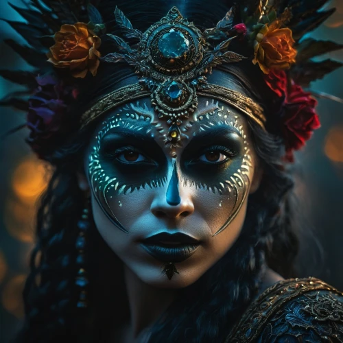 venetian mask,masquerade,the carnival of venice,headdress,fantasy portrait,la catrina,cleopatra,masque,la calavera catrina,headpiece,mystical portrait of a girl,face paint,catrina calavera,shamanic,shaman,kokoshnik,peacock eye,indian headdress,voodoo woman,cirque du soleil,Photography,General,Fantasy