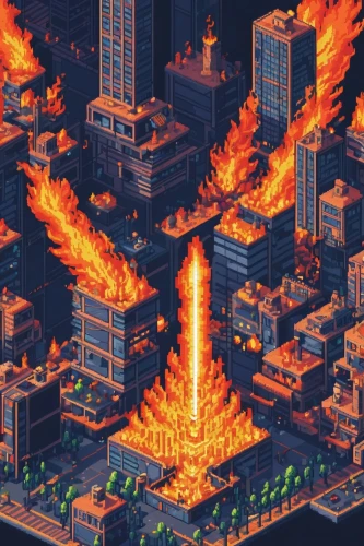 city in flames,fire background,fire land,burning of waste,inferno,fire disaster,apocalypse,apocalyptic,honolulu,explosion destroy,refinery,destroyed city,burning earth,fires,gunkanjima,fire planet,pixel art,lava,burn down,ground fire,Unique,Pixel,Pixel 01