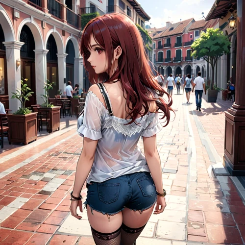 girl walking away,jean shorts,school skirt,red-haired,standing behind,girl from behind,unknown,pisa,red bricks,anime girl,girl in t-shirt,sidewalk,schoolgirl,redhead doll,honmei choco,red brick,anime japanese clothing,redhead,summer clothing,alley,Anime,Anime,General