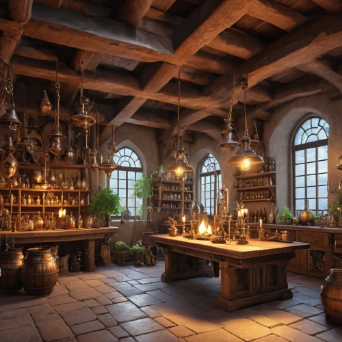 apothecary,candlemaker,potions,tavern,medieval architecture,wooden beams,victorian kitchen,tile kitchen,alchemy,wine cellar,distillation,kitchen interior,medieval,fireplaces,tealights,witch's house,brandy shop,candlelights,wooden windows,the kitchen,Photography,General,Realistic