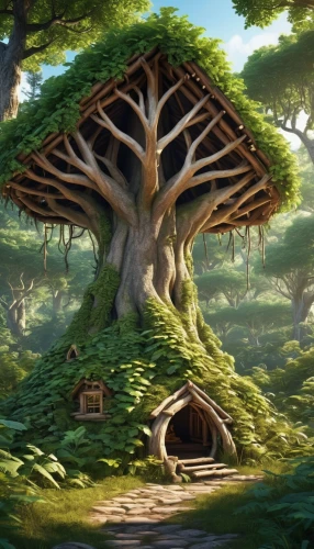 mushroom landscape,tree mushroom,tree house,fairy house,mushroom island,treehouse,dragon tree,tree house hotel,fairy village,cartoon video game background,cartoon forest,house in the forest,forest mushroom,druid grove,fairy forest,hobbiton,the japanese tree,knothole,oak,fairy chimney,Photography,General,Realistic