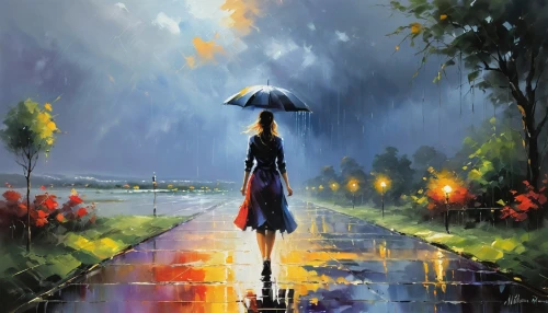 walking in the rain,monsoon,blue rain,the sun and the rain,rainy season,man with umbrella,rainy day,after rain,light rain,heavy rain,in the rain,rains,rain,umbrella,after the rain,summer umbrella,umbrellas,raindops,rainy,raining,Conceptual Art,Oil color,Oil Color 03