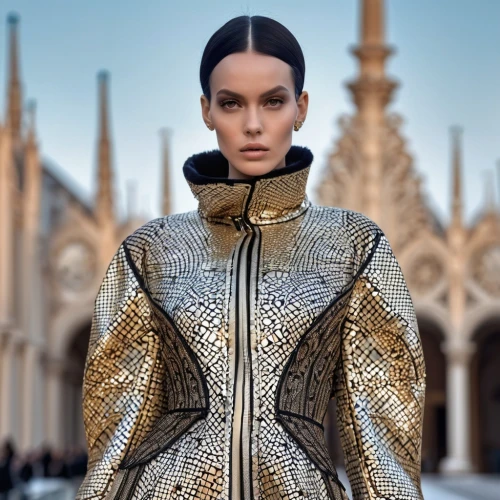 versace,embellished,imperial coat,metallic feel,hallia venezia,tisci,bolero jacket,valentino,louis vuitton,gold lacquer,tilda,snake skin,coat,metallic,milan,haute couture,shoulder pads,renaissance,futuristic,vogue,Photography,General,Realistic