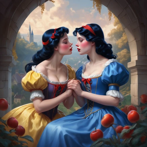 romantic portrait,princesses,red apples,basket of apples,fairytale characters,tomatos,cinderella,fantasy portrait,serenade,a fairy tale,apple pair,fantasy picture,fairy tale,queen of hearts,courtship,heart cherries,two girls,game illustration,mirabelles,snow white,Conceptual Art,Fantasy,Fantasy 01