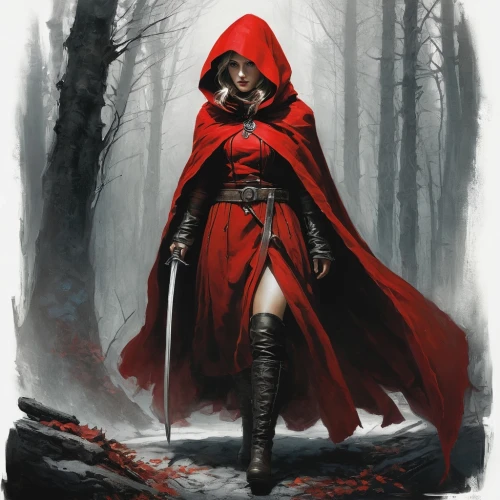 red riding hood,little red riding hood,red coat,red cape,red hood,scarlet witch,darth talon,hooded,red tunic,lady in red,assassin,hooded man,cloak,scythe,huntress,red,dodge warlock,sorceress,the wanderer,vampire woman,Conceptual Art,Fantasy,Fantasy 12
