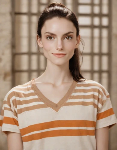 girl in t-shirt,realdoll,a wax dummy,natural cosmetic,wooden mannequin,horizontal stripes,cotton top,female model,angelica,cgi,doll's facial features,lori,tee,striped background,portrait of a girl,mime,mime artist,agnes,liberty cotton,maya