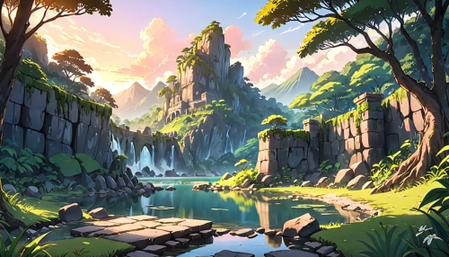 waterfall,fantasy landscape,mountain spring,a small waterfall,landscape background,valley,oasis,ash falls,river landscape,lagoon,fjord,waterfalls,jungle,world digital painting,water falls,mountain world,rainforest,idyllic,environment,nature landscape,Anime,Anime,Traditional