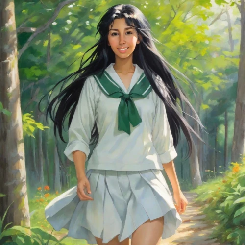 girl with tree,asian woman,japanese woman,vietnamese woman,forest background,girl in the garden,mulan,mari makinami,portrait of a girl,mystical portrait of a girl,oil painting,green forest,green landscape,girl in a long,lilly of the valley,oriental girl,girl portrait,girl picking flowers,girl on the river,girl with bread-and-butter,Digital Art,Impressionism