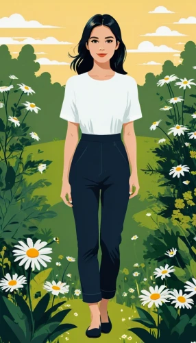 fashion vector,girl in flowers,vector illustration,portrait background,flower background,spring background,springtime background,digital illustration,yellow background,vector art,floral background,rosa ' amber cover,kim,jumpsuit,flat blogger icon,digital art,girl in the garden,girl in a long,green background,digital painting,Illustration,Vector,Vector 01