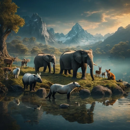 forest animals,fantasy picture,animal world,fantasy landscape,whimsical animals,animal migration,elephants and mammoths,fantasy art,cartoon elephants,animals hunting,watering hole,elephant herd,world digital painting,woodland animals,3d fantasy,elephants,african elephants,wildlife,animalia,anthropomorphized animals,Photography,General,Fantasy