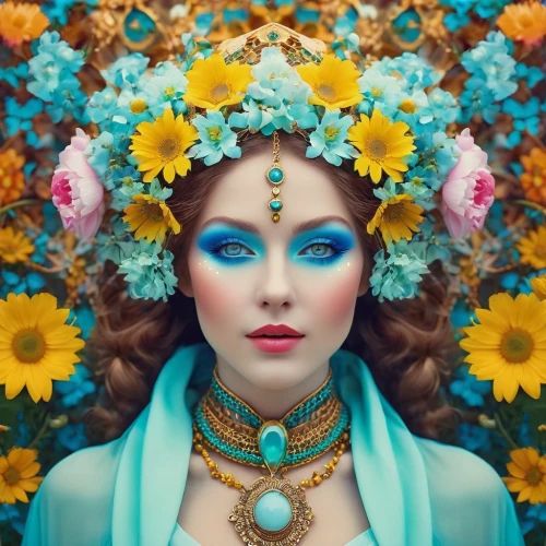 girl in flowers,fairy peacock,beautiful girl with flowers,wreath of flowers,jasmine blue,girl in a wreath,flower fairy,blue flower,forget-me-not,blue peacock,blue enchantress,flora,flower girl,elven flower,blue flowers,vintage flowers,fantasy portrait,turquoise,blooming wreath,blue daisies,Photography,General,Realistic