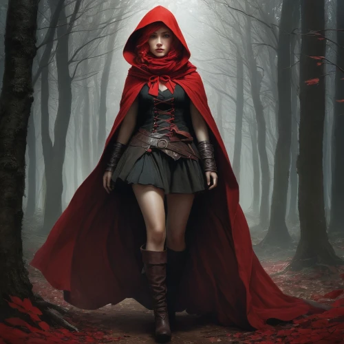 red riding hood,little red riding hood,red coat,red cape,red tunic,vampire woman,scarlet witch,red hood,gothic woman,vampire lady,lady in red,black forest,sorceress,hooded,cloak,huntress,queen of hearts,dark red,red,nightingale,Conceptual Art,Fantasy,Fantasy 11