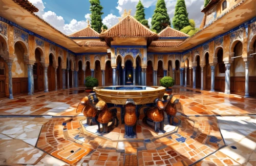 alcazar of seville,alhambra,water palace,caravanserai,courtyard,caravansary,terracotta tiles,alcazar,grand master's palace,ancient city,castle of the corvin,persian architecture,mosques,white temple,riad,city palace,marble palace,islamic architectural,byzantine architecture,inside courtyard