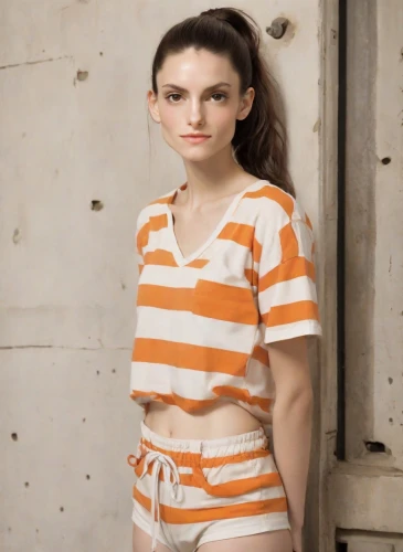 prisoner,eleven,clove,horizontal stripes,striped background,liberty cotton,girl in t-shirt,orange,cotton top,isolated t-shirt,mime,women's clothing,lori,photo session in torn clothes,daisy 2,women clothes,prison,girl in overalls,daisy 1,tee