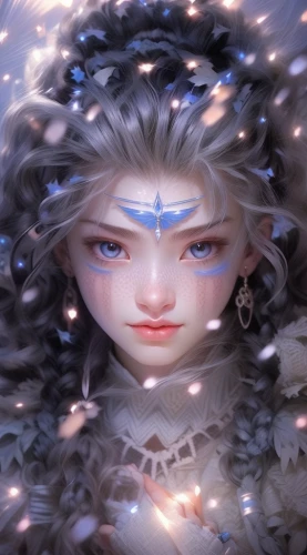 the snow queen,white rose snow queen,celestial chrysanthemum,shiva,star mother,amano,suit of the snow maiden,ice queen,starflower,mystical portrait of a girl,fantasy portrait,blue chrysanthemum,nebelung,eternal snow,angel's tears,winterblueher,violet head elf,motifs of blue stars,god shiva,medusa