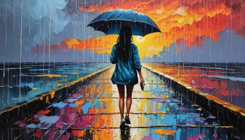 walking in the rain,the sun and the rain,oil painting on canvas,man with umbrella,umbrella,flooded pathway,monsoon,umbrellas,girl walking away,raindops,summer umbrella,rainstorm,blue rain,in the rain,pedestrian,oil painting,cocktail umbrella,drop of rain,after the rain,little girl with umbrella,Conceptual Art,Graffiti Art,Graffiti Art 04