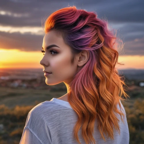 sunset glow,natural color,burning hair,rainbow waves,pink dawn,colorful background,pink hair,peach color,pompadour,updo,fiery,romantic look,artificial hair integrations,vibrant color,orange sky,colorful,colorful light,orange color,peach glow,warm colors,Photography,General,Realistic
