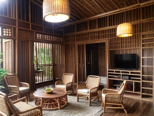 japanese-style room,bamboo curtain,rattan,junshan yinzhen,bamboo plants,wooden sauna,ubud,breakfast room,asian architecture,hanok,bamboo frame,patterned wood decoration,ryokan,seminyak,cabana,bamboo,japanese architecture,sitting room,reading room,timber house