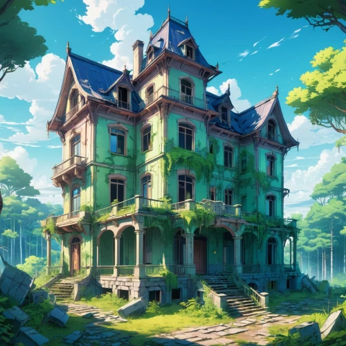 studio ghibli,violet evergarden,house in the forest,fairy tale castle,witch's house,apartment house,fairytale castle,mansion,beautiful home,crooked house,ghost castle,country house,chateau,castel,little house,bethlen castle,country estate,victorian house,knight's castle,gold castle,Illustration,Japanese style,Japanese Style 03