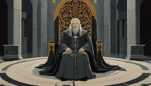 imperial coat,the abbot of olib,gandalf,archimandrite,throne,twelve apostle,the throne,magistrate,the ruler,thrones,emperor,high priest,albus,priest,lord who rings,count,priestess,clergy,kneel,gothic portrait,Illustration,Japanese style,Japanese Style 08