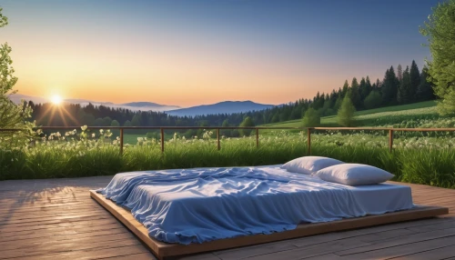 bed in the cornfield,landscape background,sleeping pad,meadow landscape,waterbed,salt meadow landscape,idyll,air mattress,inflatable mattress,home landscape,background view nature,roof landscape,wooden decking,mountain sunrise,outdoor furniture,tranquility,alpine meadows,bed linen,mountain scene,outdoor sofa,Photography,General,Realistic