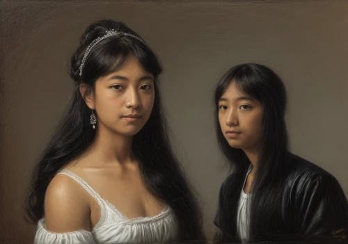 oriental longhair,two girls,oil painting,asian woman,young women,young couple,photo painting,bougereau,oil painting on canvas,asian semi-longhair,peruvian women,gothic portrait,chinese art,vietnamese woman,portrait of a girl,girl portrait,oil paint,art painting,mirror image,luo han guo