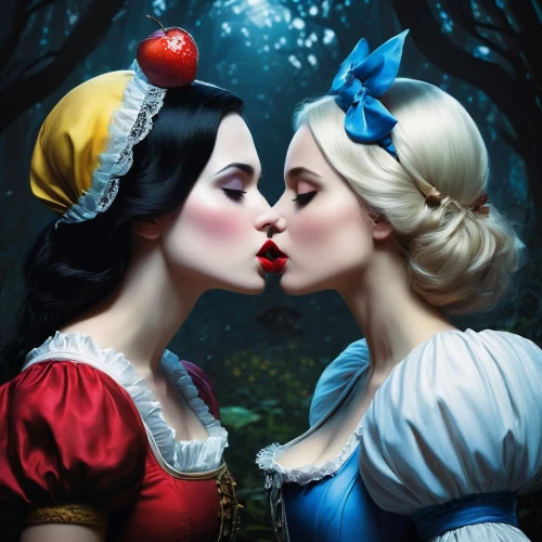 girl kiss,kiss,fairy tale,kissing,a fairy tale,kisses,fairytales,mother kiss,first kiss,fairy tales,fairytale,snow white,smooch,cheek kissing,alice in wonderland,forbidden love,kiss flowers,amorous,making out,fairytale characters,Conceptual Art,Fantasy,Fantasy 11