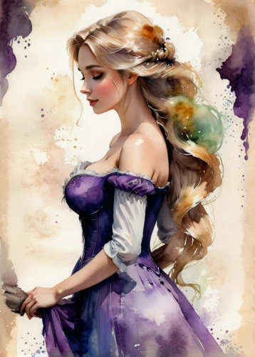 rapunzel,fairy tale character,tangled,cinderella,princess anna,jessamine,watercolor painting,watercolor women accessory,watercolor paint,watercolor,country dress,watercolor background,fantasy portrait,fairytale characters,hoopskirt,celtic woman,la violetta,girl in a long dress,princess sofia,fantasy woman,Illustration,Paper based,Paper Based 25