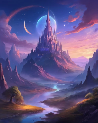 fantasy landscape,fantasy picture,fantasy world,knight's castle,fairy tale castle,fantasy city,fairy chimney,3d fantasy,fantasy art,fantasia,castle of the corvin,dream world,fairytale castle,dusk background,dreamland,magical adventure,water castle,fairy world,castel,ruined castle,Illustration,Realistic Fantasy,Realistic Fantasy 01