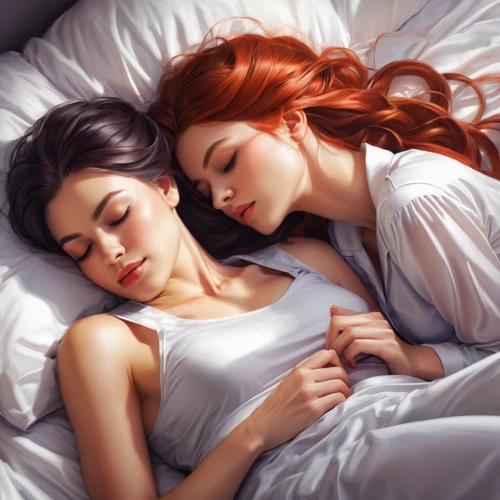 redheads,bedding,two girls,cuddling,sleeping,sleeping beauty,twiliight,comforter,bed linen,cuddle,sheets,romantic portrait,amorous,red-haired,sleeping room,pillow,clary,duvet cover,honeymoon,woman on bed,Conceptual Art,Fantasy,Fantasy 03