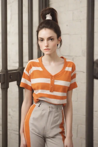 prisoner,horizontal stripes,detention,handcuffed,video scene,teen,clove,liberty cotton,burglary,cotton top,stripped leggings,prison,mime,shackles,pigtail,girl in overalls,arbitrary confinement,auschwitz 1,orange,tied up