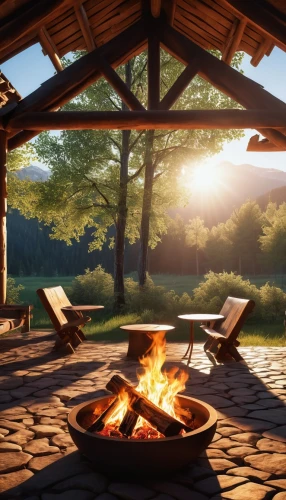 firepit,fire pit,campfire,idyllic,summer cottage,fire place,fireside,outdoor table,log fire,outdoor furniture,fireplace,fire bowl,outdoor cooking,fireplaces,wood-burning stove,the cabin in the mountains,outdoor grill,campfires,3d rendering,render,Photography,General,Realistic